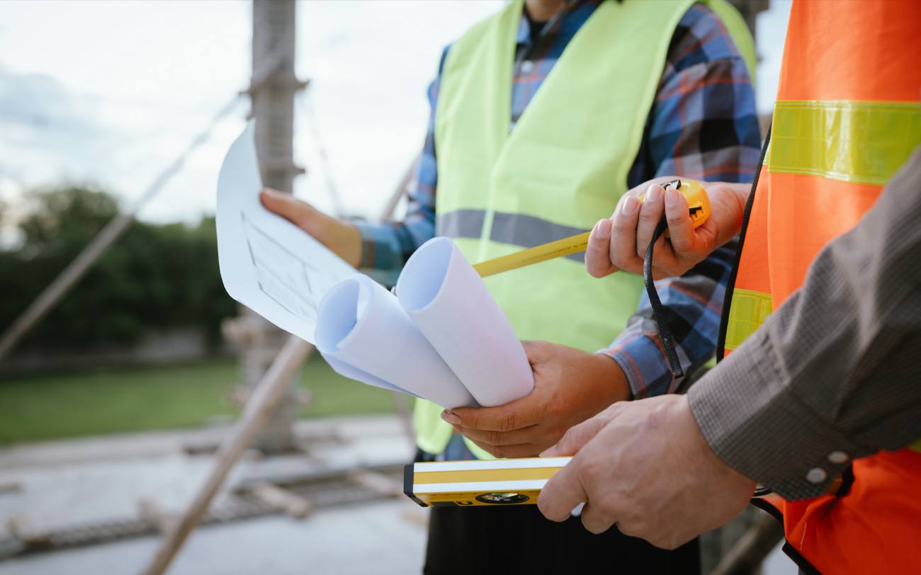 Two Construction Employees Going Over Blueprints